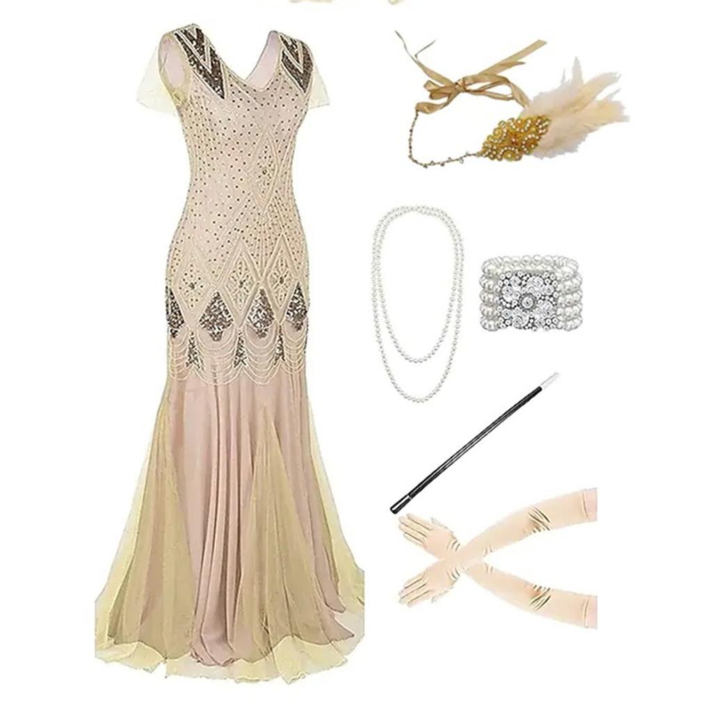 Aprikot 1920er Vintage Fransen Gatsby Pailletten Quasten Flapper Party Cocktail Maxikleid Lang Party Abend Mittellanges Kleid