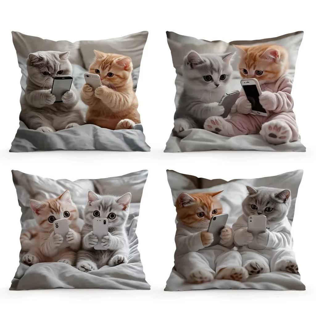 Home Decor Cute Kittens With Smartphones Printed Pillowcase Pattern Cushion Cover Suitable For Sofa Bedroom Car Pillow Cover