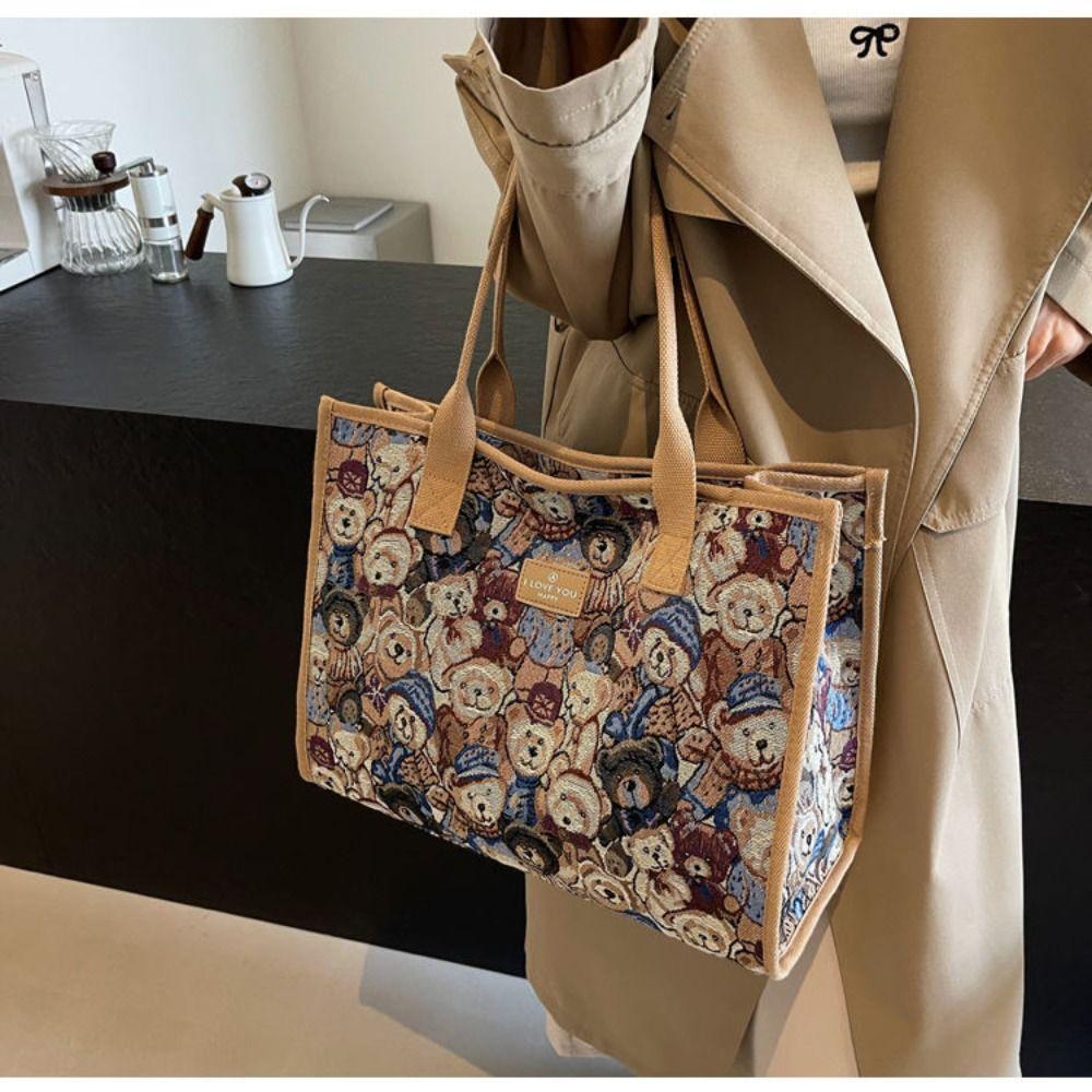 Convenient Portable Handbag Cartoon Bear Embroidered Casual Shoulder Bag Large Capacity Tote Bag