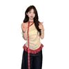 Summer Sweet Babes Retro Plaid Splicing Chic Short Sleeves Fashion Waist Thin Versatile Small Top Women