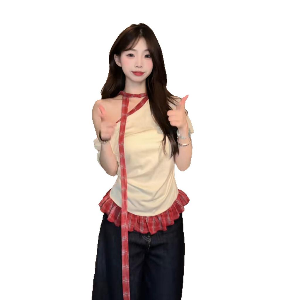 Summer Sweet Babes Retro Plaid Splicing Chic Short Sleeves Fashion Waist Thin Versatile Small Top Women