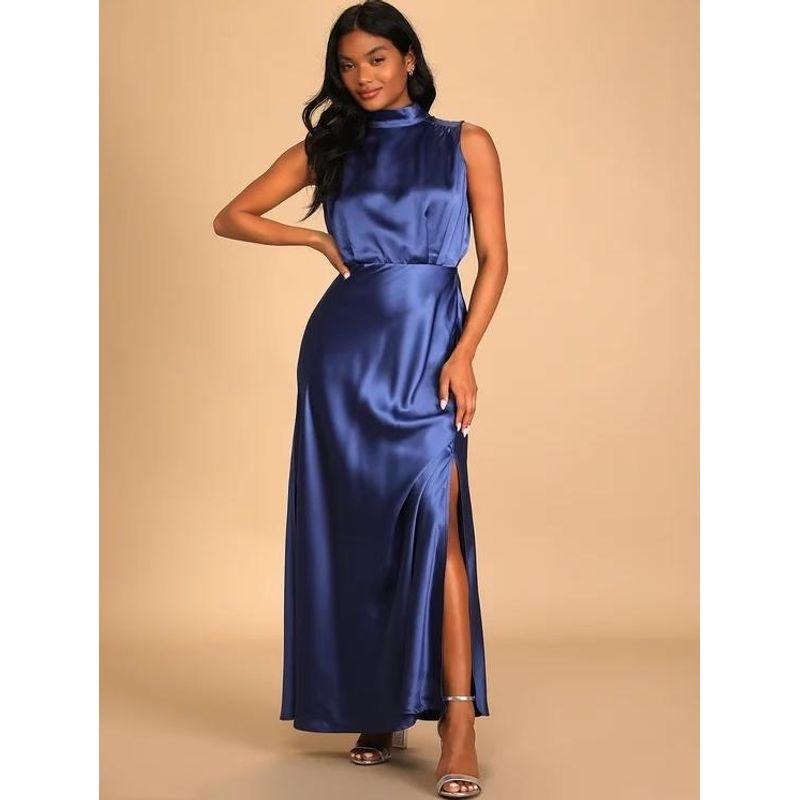 Export Elegant Slim Looking Banquet Party Elegant Adult Lady like Woman Fashion Stand Collar High Quality Smooth Acetate Beautiful Dress