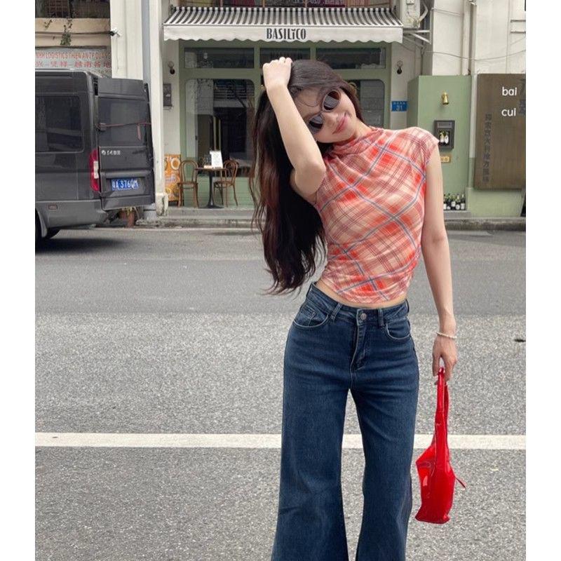 Women's Red Plaid Off-Shoulder Mesh T-Shirt - Slim Fit, Short-Sleeved, Summer Top