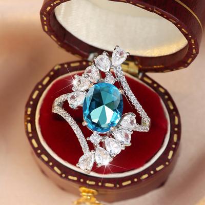 Squisiti Anelli Ovali in Zircone Bianco Acqua Blu per Donna Moda Colore Argento Gioielli da Matrimonio Regalo
