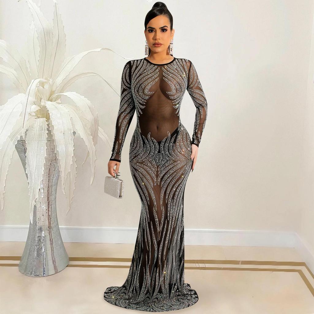 Rhinestone Mesh See-through Long Sleeve Nightclub Dress