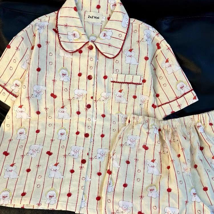 

Striped cute apple puppy pajamas women s summer short-sleeved shorts ins set soft cute princess style loungewear S