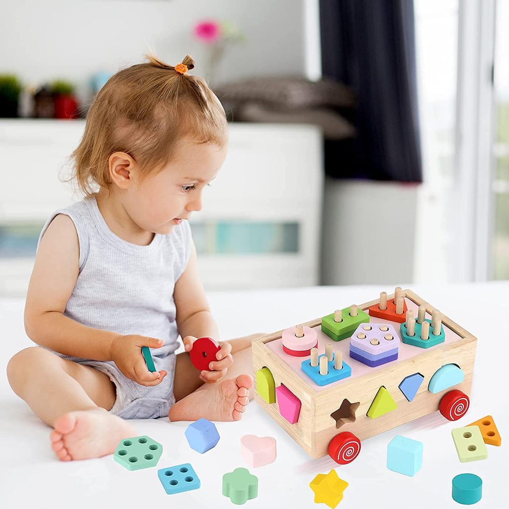 Montessori Toys Children Wooden Shape Classification Learning Building Block Colorful Set Of Columns Puzzle Box Toys