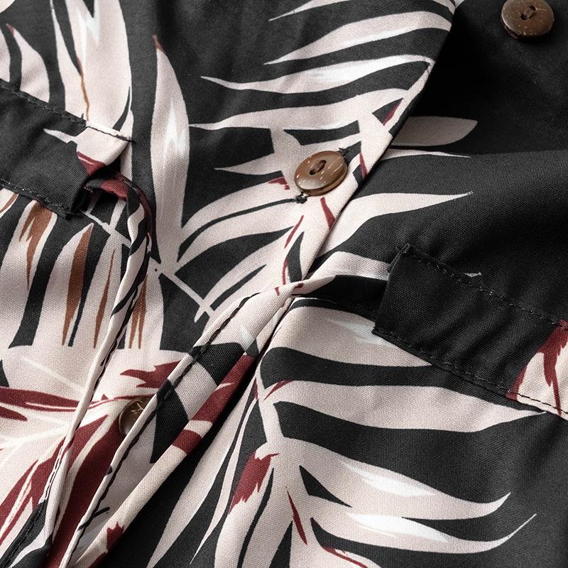 Women V Neck Summer Leaf Print Short Sleeve Single Breasted Drawstring Loose Dresses