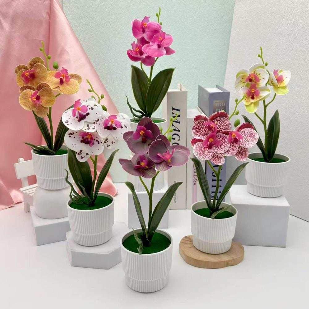 Flowers Faux Three Butterfly Orchid Green Plant For Home Office Decoration