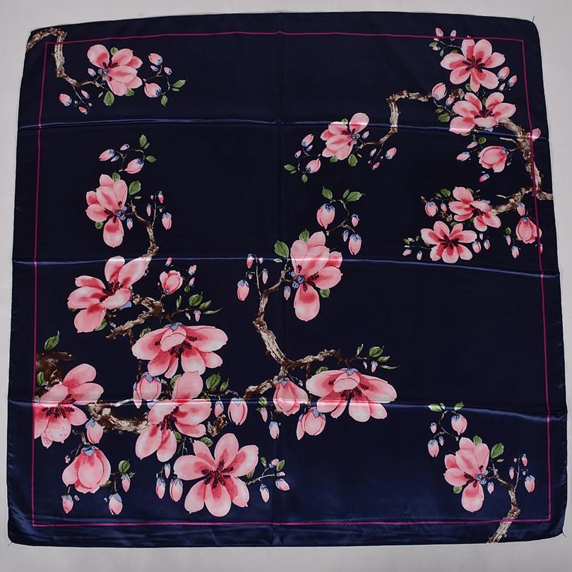 BYSIFA|Navy Blue Pink Silk Square Scarf Printed Women Brand Satin Scarves Shawls China Style Peach Blossom Design Head Scarf