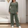 Autumn Womens Two Piece Lounge Sets Ribbed Knit Long Sleeve Blouse and Long Trousers Casual Tracksuit Outfits