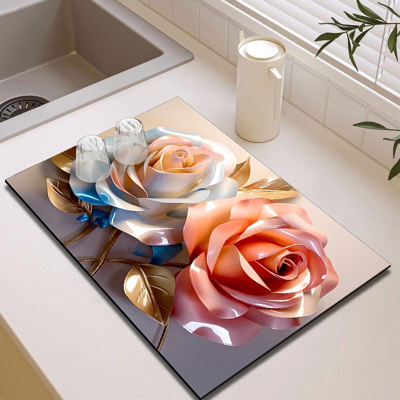 3D Floral Diatomitlera Avloppsmatta - Värmeisolerande  Snabbtorkande  Halkfri Köksmatta