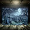 Halloween Background with Spooky Cemetery Moonlight Haunted Cemetery Photography Backdrop Party Decoration Banner305