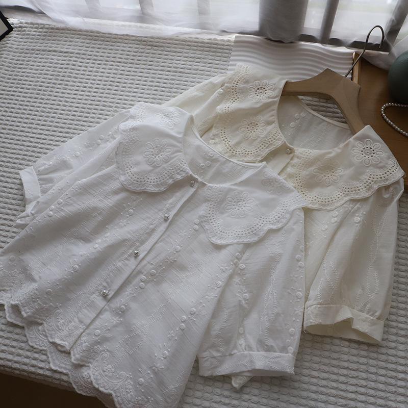 2025 Summer Korean Style Peter Pan Collar Jacquard Puff Sleeve Women's Shirt