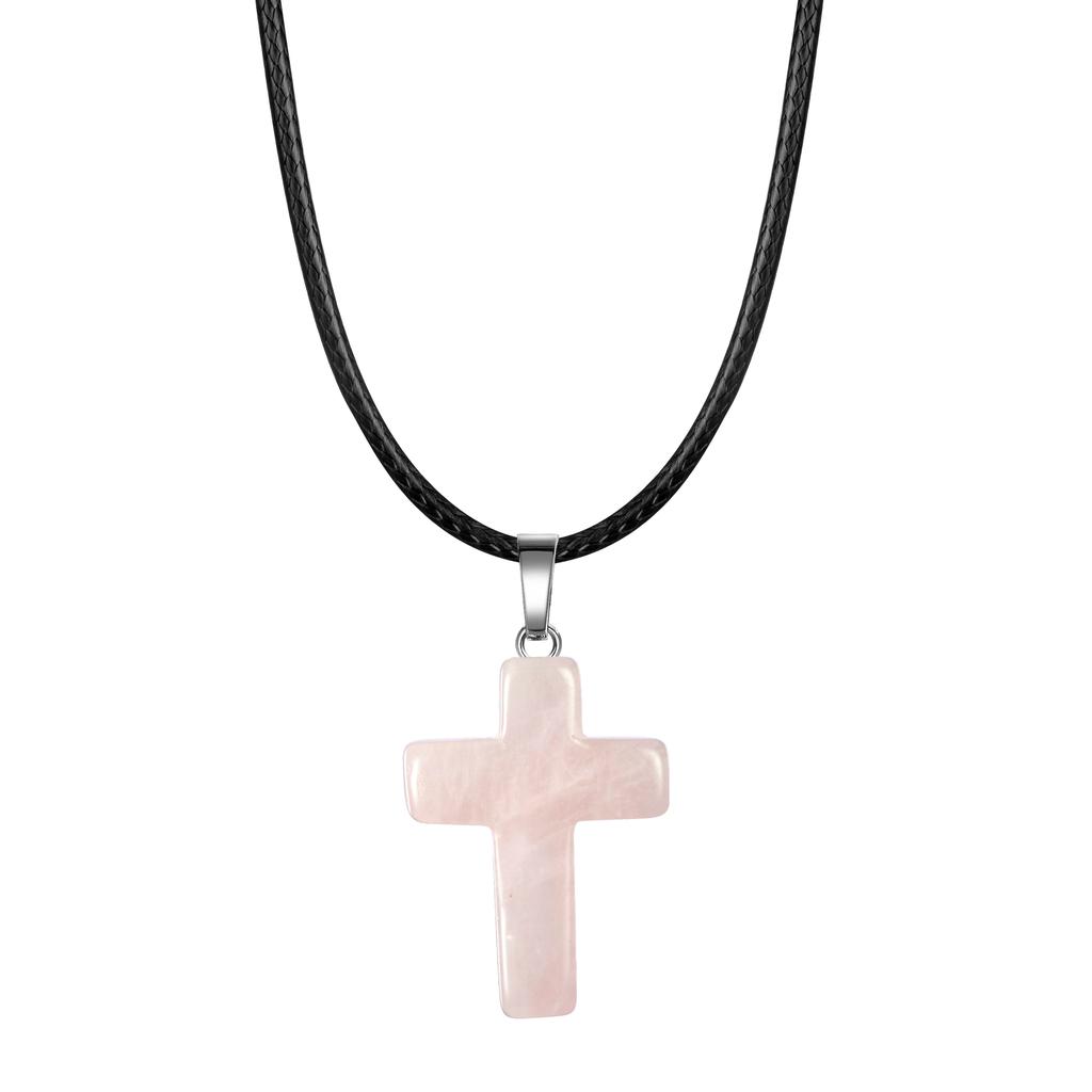 Natural Stone Cross Pendant Necklace Women Men 18inch Black Leather Cord Custom Crystal Choker Chakra Jewelry Findings