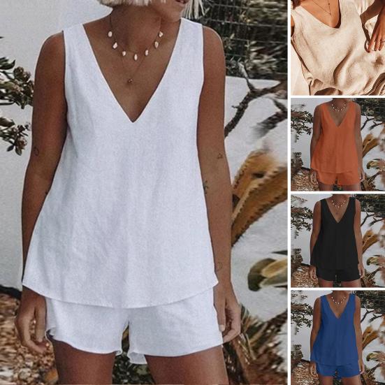 

2 шт./компл., тонкий жилет и шорты без рукавов со средней посадкой и v-образным вырезом, летний однотонный свободный повседневный наряд 3XL белый