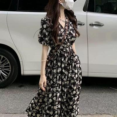 Women's French Retro Black Floral V-Neck Cinched Waist Long Dress, Summer 2026 Collection