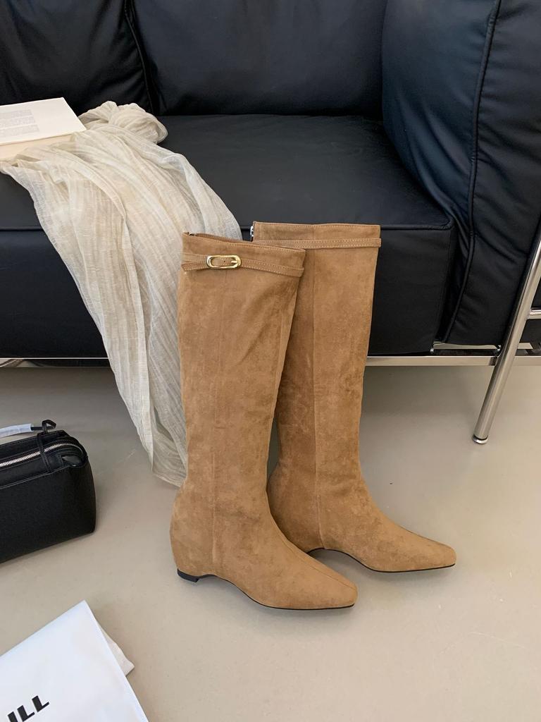 Small inner height increase white boots autumn and winter new boots long boots women's belt buckle high heel thin boots