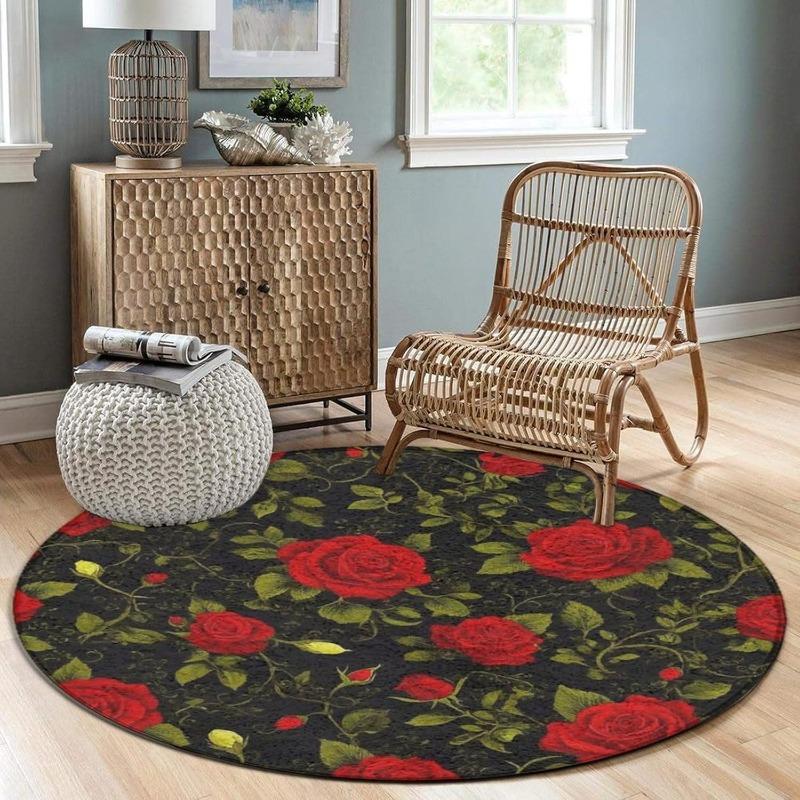Bohemian Style Flower Round Rug Tropical Home Decor Non-Slip  Carpet Indoor Outdoor Decor Mat for Living Room Bedroom Kitchen