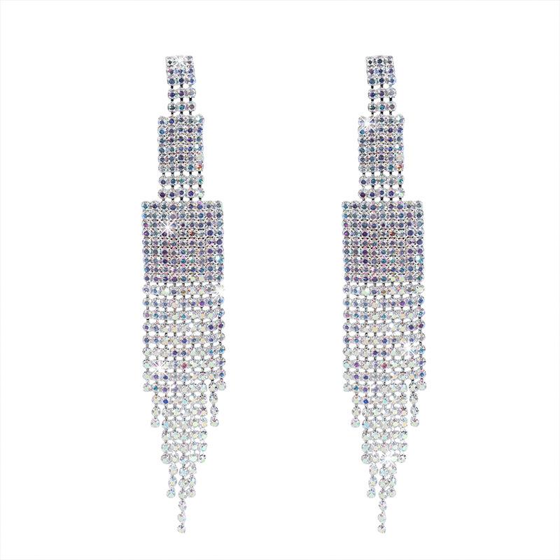 Simple and versatile small rhinestone long fringed earrings