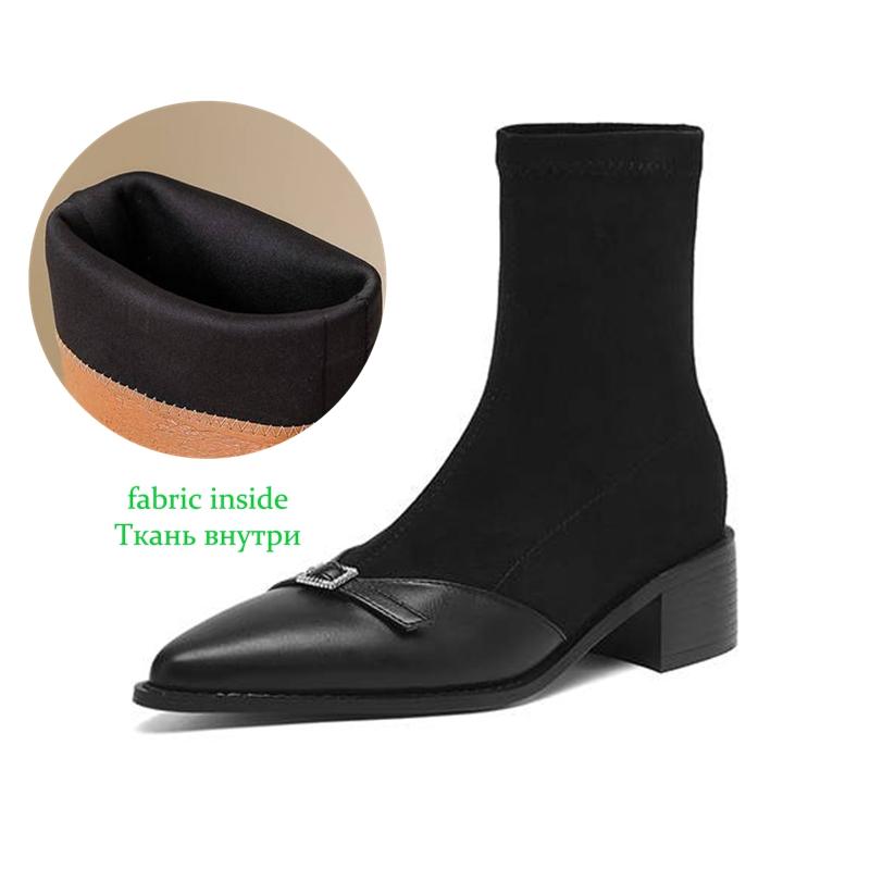 Krazing Po Microfiber Winter Pointed Toe Size 33 Western Boots Size 43 Metal Buckle Thick Heels Elastic Ankle Boots