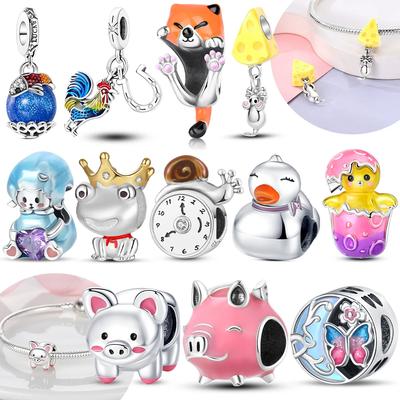 Original Copper Charm Pink Pig Mouse Cheese Fox Animal Charms Bead Fit Bracelet Diy Fine Gift Accessory Jewelry