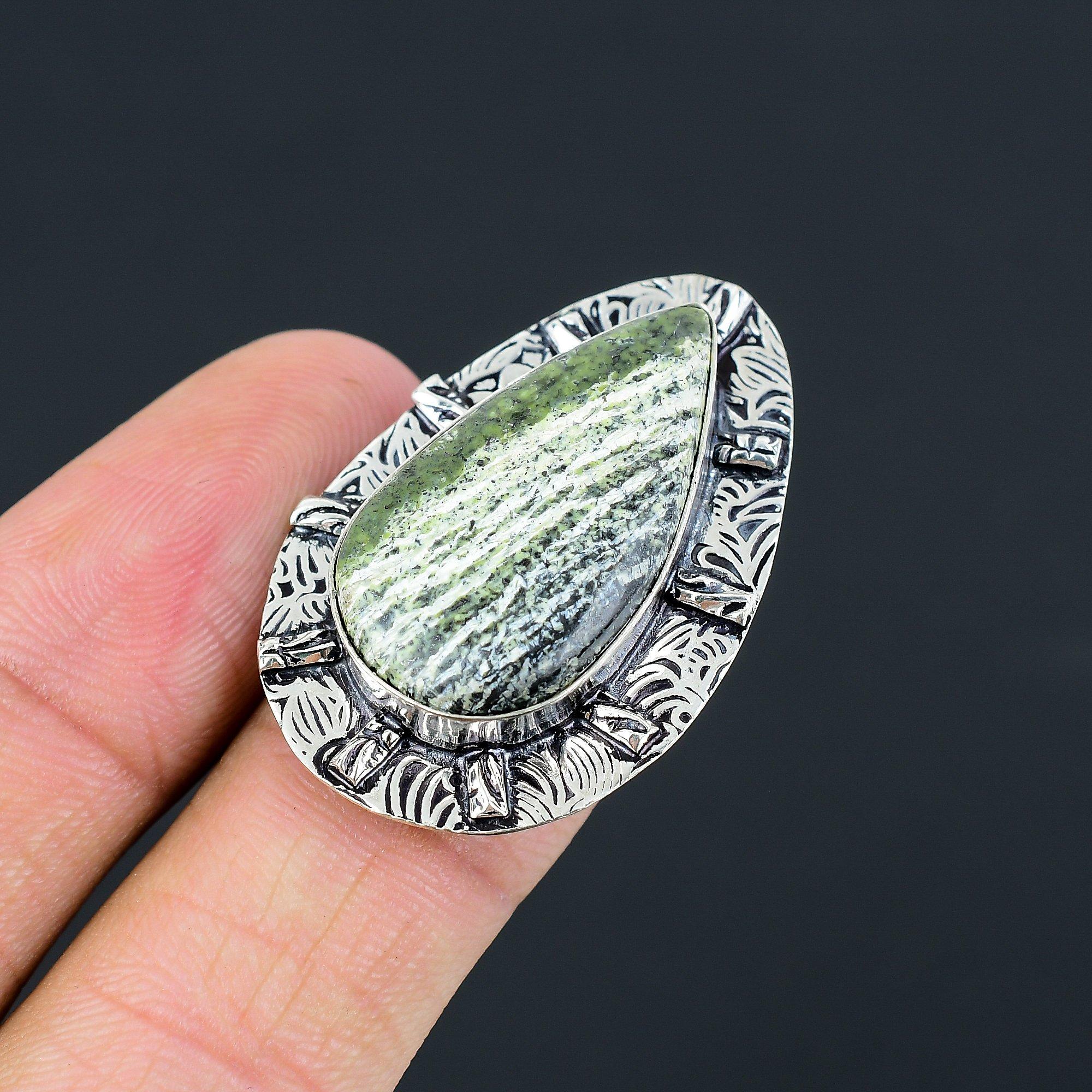 Pear Green Swiss Opal Stone Engagement Stackable Ring 925 Sterling Silver US 6.5 6.5