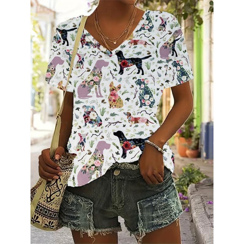 

Women s Summer Casual V-Neck T-Shirt- Floral And Dog Pattern, Breathable, Regular Length Short Sleeve Top S