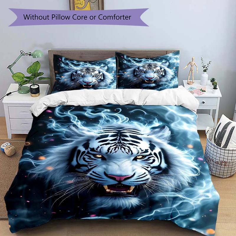 3pcs Flaming White Tiger Printed Bedding Set, Soft and Comfortable Quilt Cover for Bedroom, Guest Room (1 Duvet Cover + 2 Pillowcases, Pillow Cor