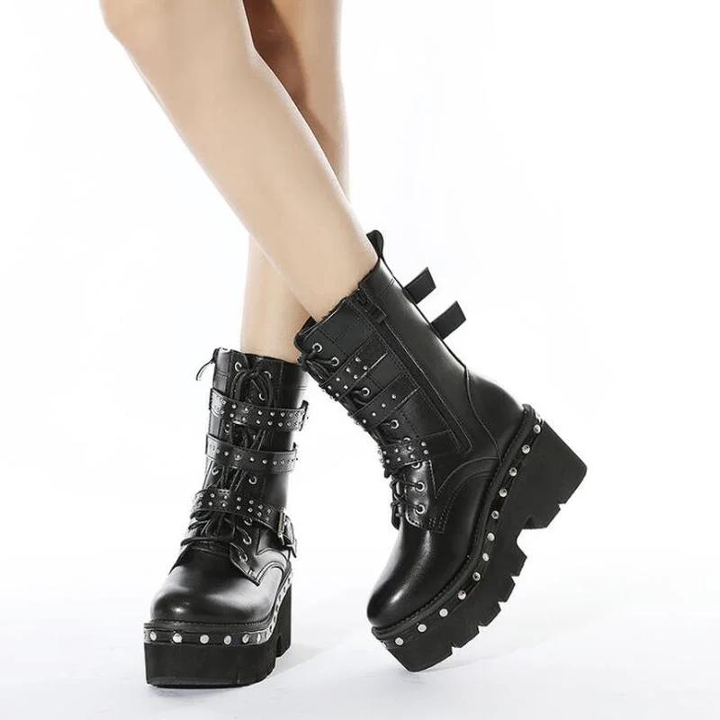 Fashion Sexy Buckle Women's winter high boots Leather Block Heel Gothic Black Punk Style Platform Shoes Female Footwear Women's shoes