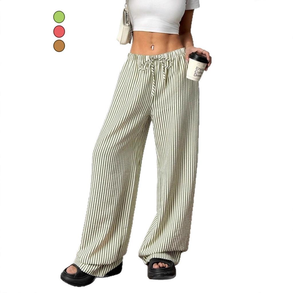 Women's Drawstring Waist Striped Wide Leg Pants Casual Loose Straight Leg Trousers