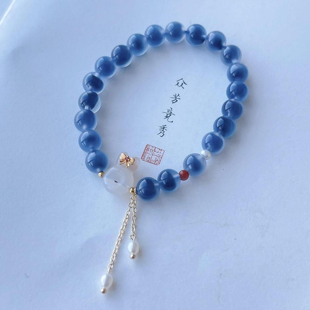 Blaues Achat-Herzarmband mit Perlen & Vergoldetem Silbermond, Frischer Xiaohongshu-Stil Geschenk.