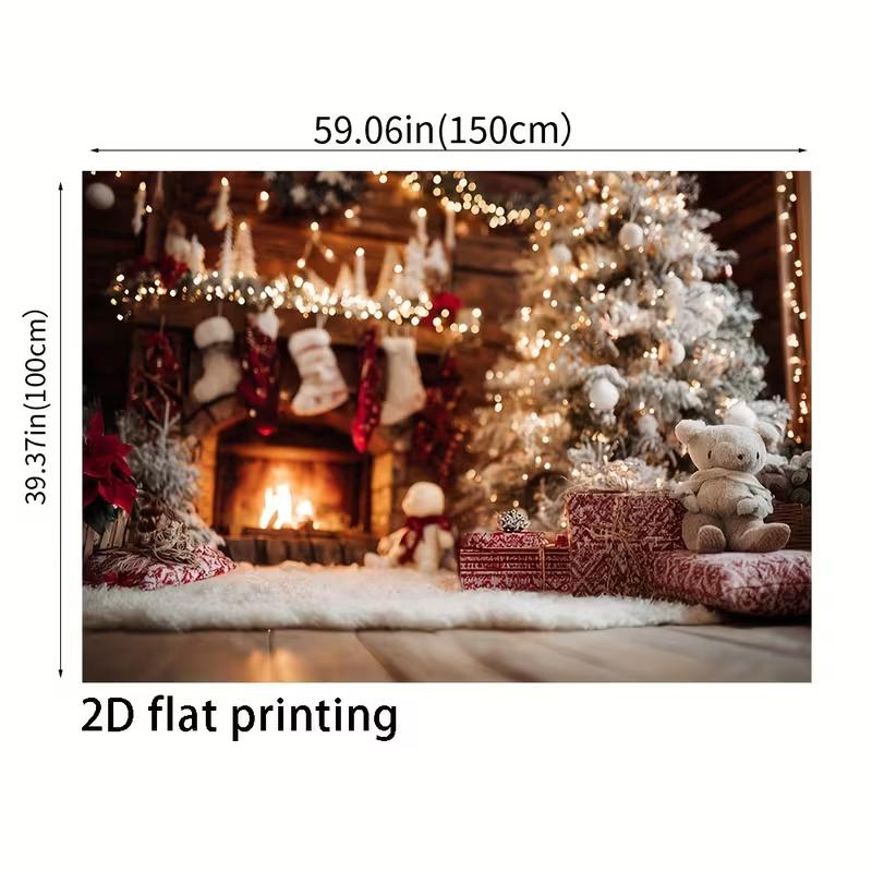 2D Cozy Fireplace Christmas Photography Backdrop, Rustic Cabin with Warm Fire & Holiday Decorations