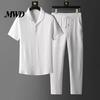 Casual Men Outfit 2Pcs/Set for Men, Lapel Short Sleeve Shirt And Elastic Waist Loose Ultra-thin Summer Suit Long Pants, Ultra-Thin Ice Silk Home Daily