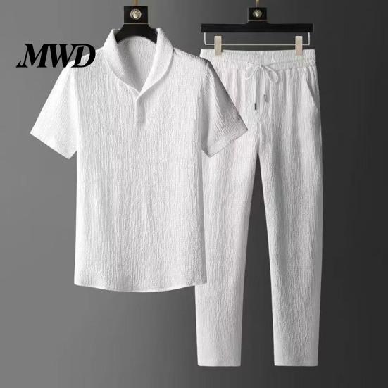 Casual Men Outfit 2Pcs/Set for Men, Lapel Short Sleeve Shirt And Elastic Waist Loose Ultra-thin Summer Suit Long Pants, Ultra-Thin Ice Silk Home Daily