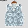 INCERUN Men Lapel Sleeveless Plaid Print Casual Thin Loose Tank Tops 