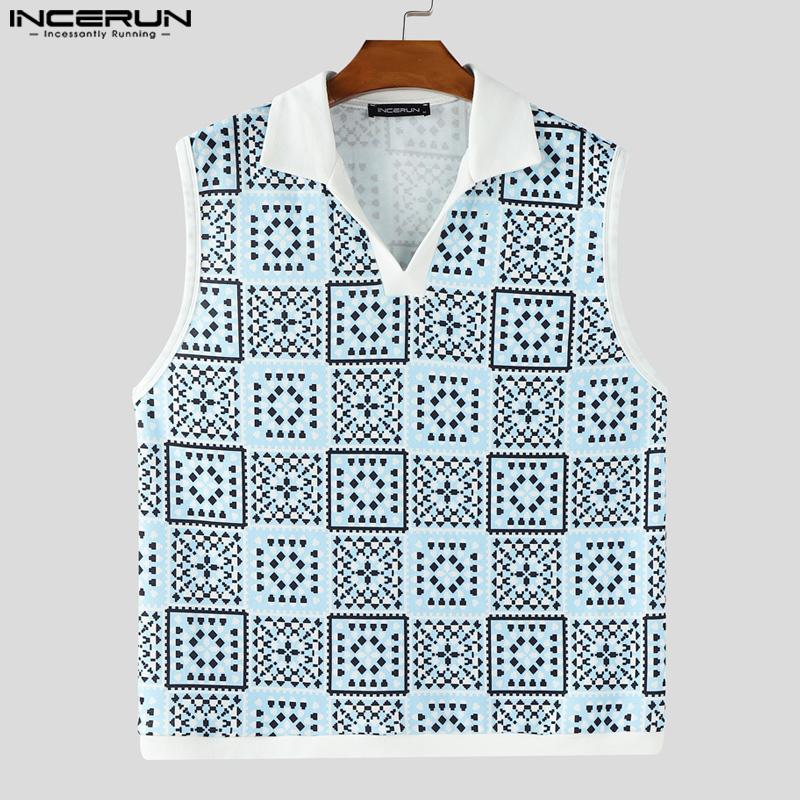 INCERUN Men Lapel Sleeveless Plaid Print Casual Thin Loose Tank Tops