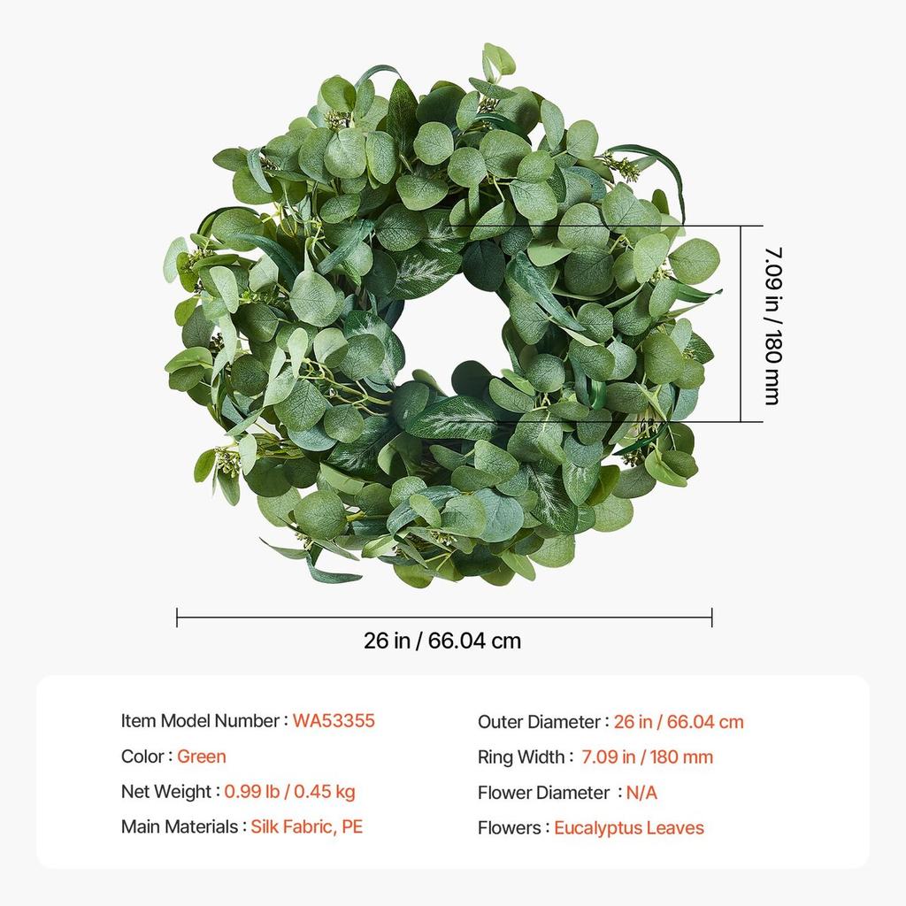 Artificial Decorative Wreath 26 in Green Eucalyptus Leaves Year Round