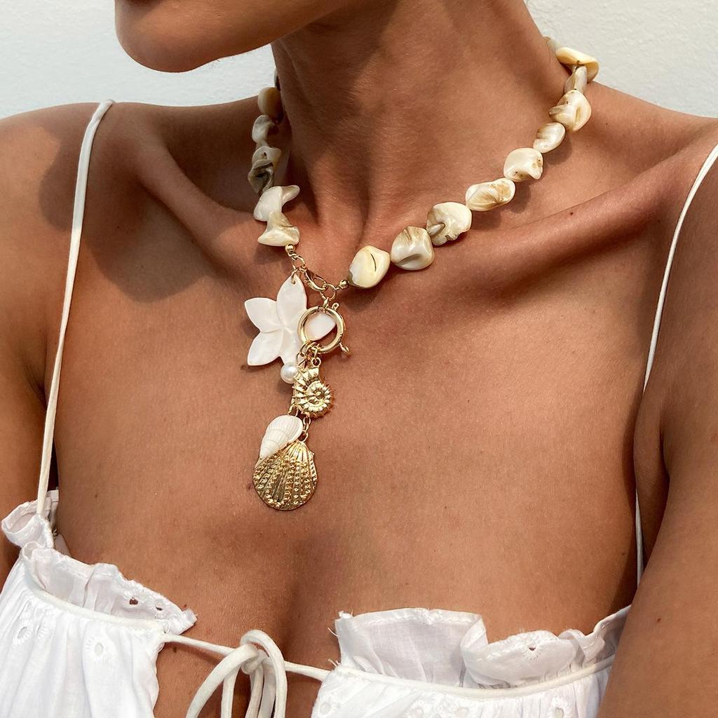 Retro Strandstil Snäcka Sjöstjärna Smyckesset 2025 Trendig Semestergåva Bohemisk Legering Hänge Blomma Chokers Halsband Armband Set