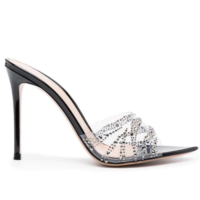 Customized Summer European and American Style Fashionable Transparent Rhinestone High-heeled Slippers Thin Heel Pointed One Pedal High-heeled Sandals