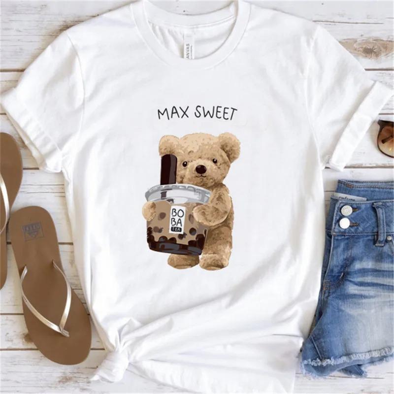 Cute Bear Print Shirts White Fashion Women T-Shirts Harajuku Kawaii Clothes Short Sleeve Summer Tees Casual Female Tops O-Neck