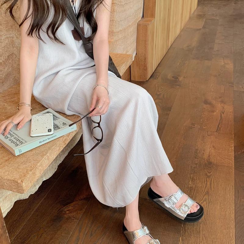 Sheepskin version~ Height increase 3.5cm~ Lazy round head double buckle with beach wear cool slippers