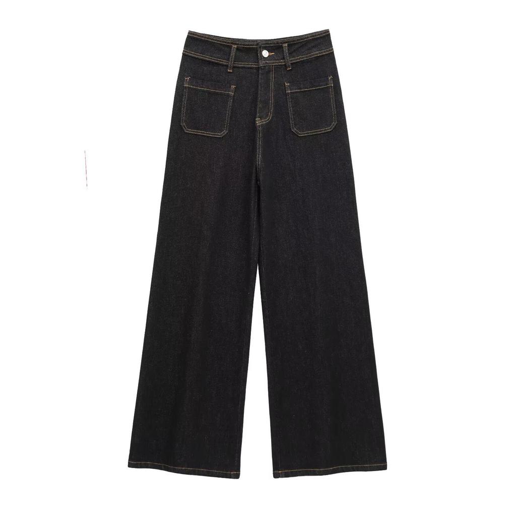 2025 Spring High-Waist Wide-Leg Jeans with Pocket Detail - European & American Style