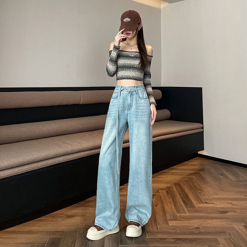 

Джинсы с высокой посадкой для женской весны, новые свободные прямые брюки, дизайн с поясом, широкие брюки до пола XXL