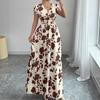 Nuevo Vestido Largo Estampado de Verano con Cuello en V y Manga Corta con Lazo para Mujer Cintura Ajustada