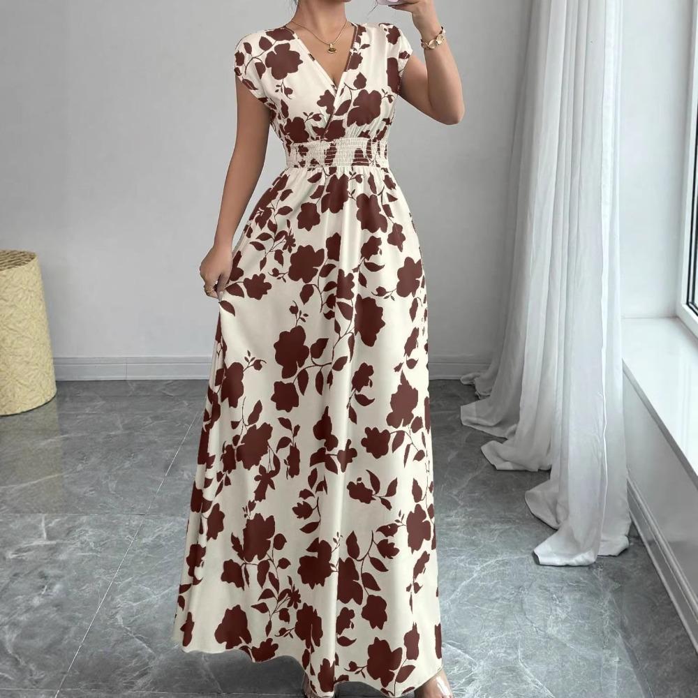 Nuevo Vestido Largo Estampado de Verano con Cuello en V y Manga Corta con Lazo para Mujer Cintura Ajustada