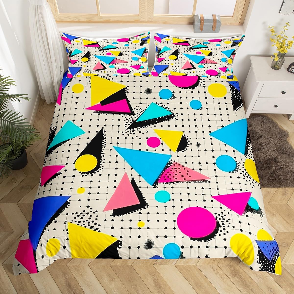 

Memphis Geometric Duvet Cover Twin King,Retro Style Round Triangle Shapes Quilt Cover Colorful Graphic 80s 90S Style Bedding Set US Queen(228x228cm)