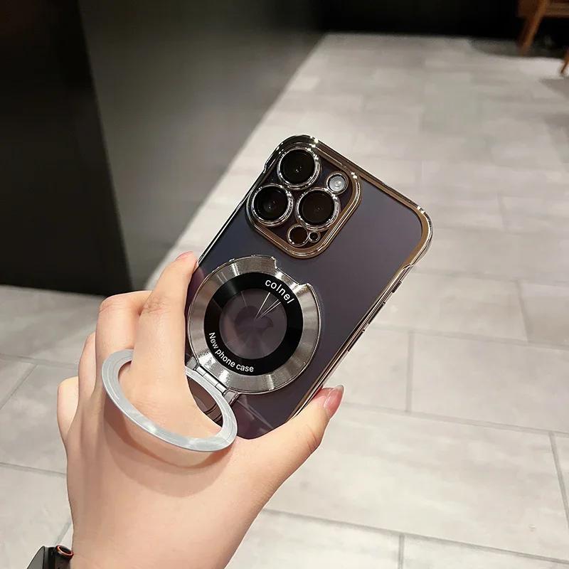 Ultra Thin Borderless Magsafe Case For iPhone 16 14 16 13 12 11 15 Pro Max Folding Holder Glass Camera Protector Clear Hard Cover