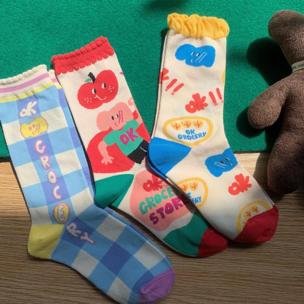 Socks Female Cute Baby Elephant Original Illustration Bubble Edge Cotton Socks Cartoon Print Personality Medium Stockings