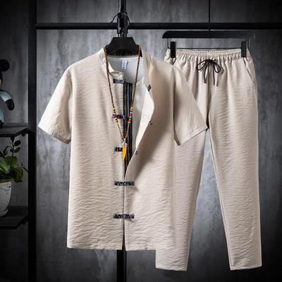 Eisseide Sommer Herren Baumwollleinen T-Shirt & Lange Hose Set - Lässig einfarbig, Übergröße verfügbar